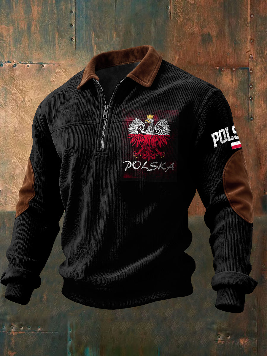 Sweter z zamkiem błyskawicznym w stylu retro w trudnej sytuacji z polskim orłem