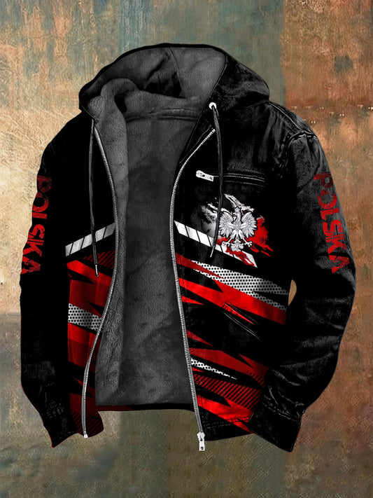 Retro Polski Orzeł Geometryczna kurtka z kapturem z polarem