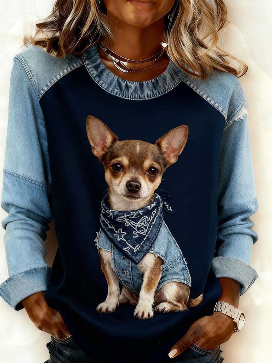 Damska wygodna bluza z patchworkiem w stylu retro z nadrukiem w stylu zwierzęcym