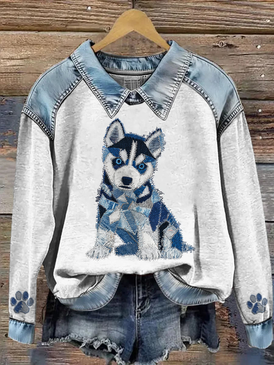 Damska bluza z długim rękawem Patchwork Lapel z nadrukiem zwierząt