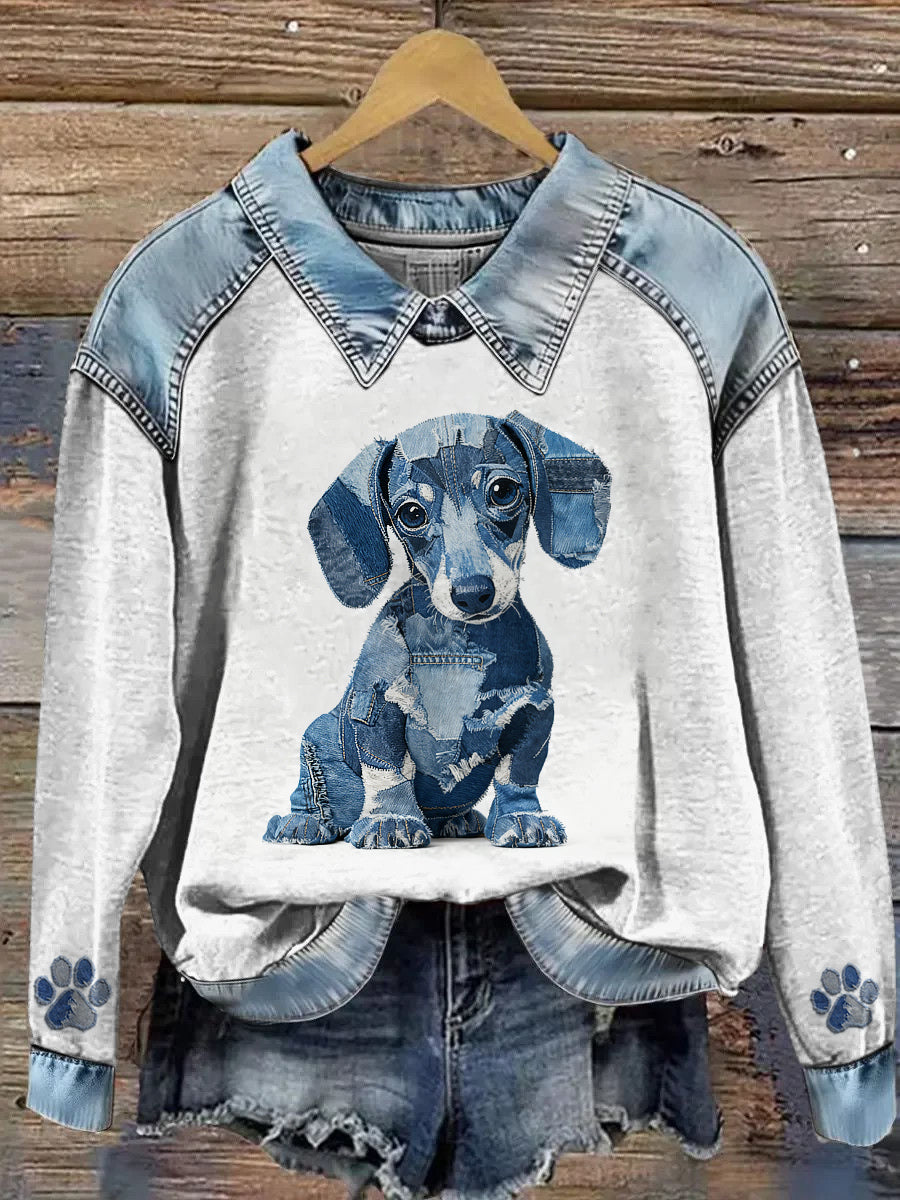 Damska bluza z długim rękawem Patchwork Lapel z nadrukiem zwierząt