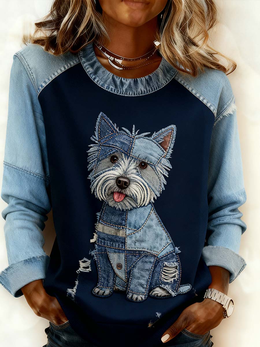 Damska wygodna bluza z patchworkiem w stylu retro z nadrukiem w stylu zwierzęcym