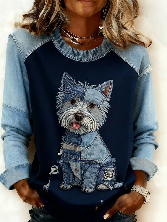 Damska wygodna bluza z patchworkiem w stylu retro z nadrukiem w stylu zwierzęcym