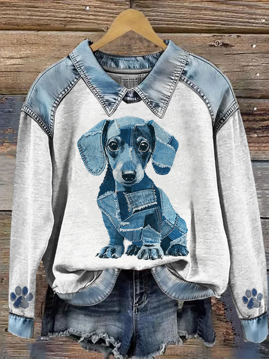 Damska bluza z długim rękawem Patchwork Lapel z nadrukiem zwierząt