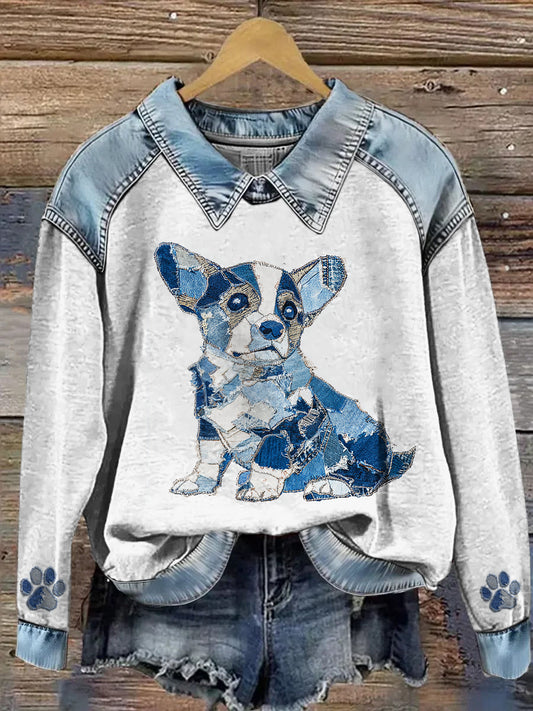 Damska bluza z długim rękawem Patchwork Lapel z nadrukiem zwierząt