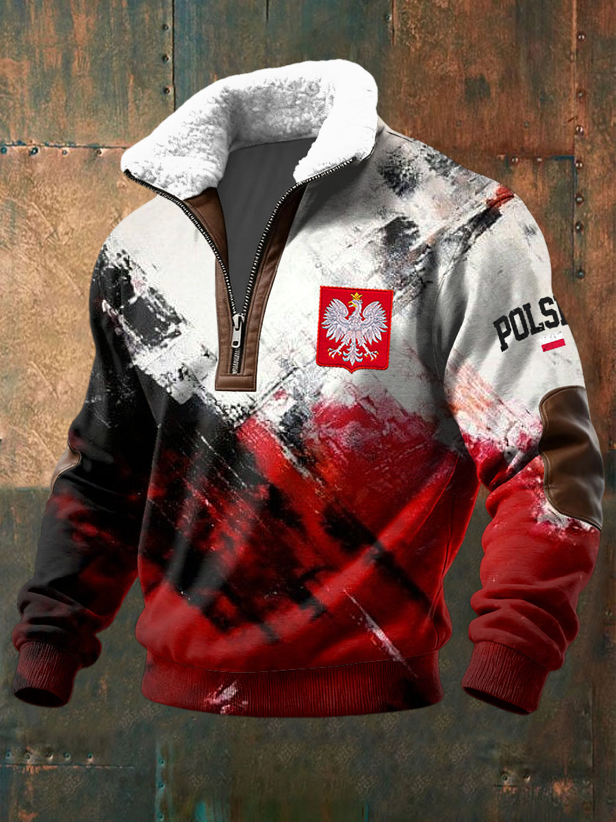Retro Abstrakcyjny Polski Orł Godło Lambswool Zipper Pullover