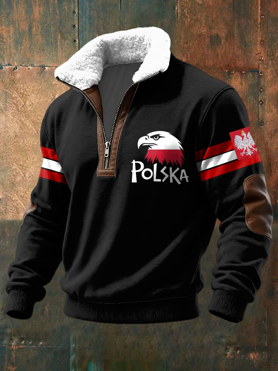 Pullover z zamkiem błyskawicznym retro polski orzeł flaga z lambswool