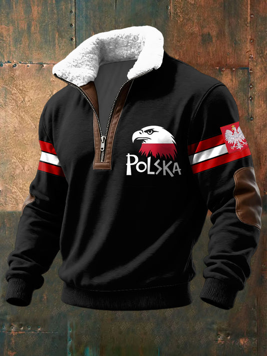 Pullover z zamkiem błyskawicznym retro polski orzeł flaga z lambswool