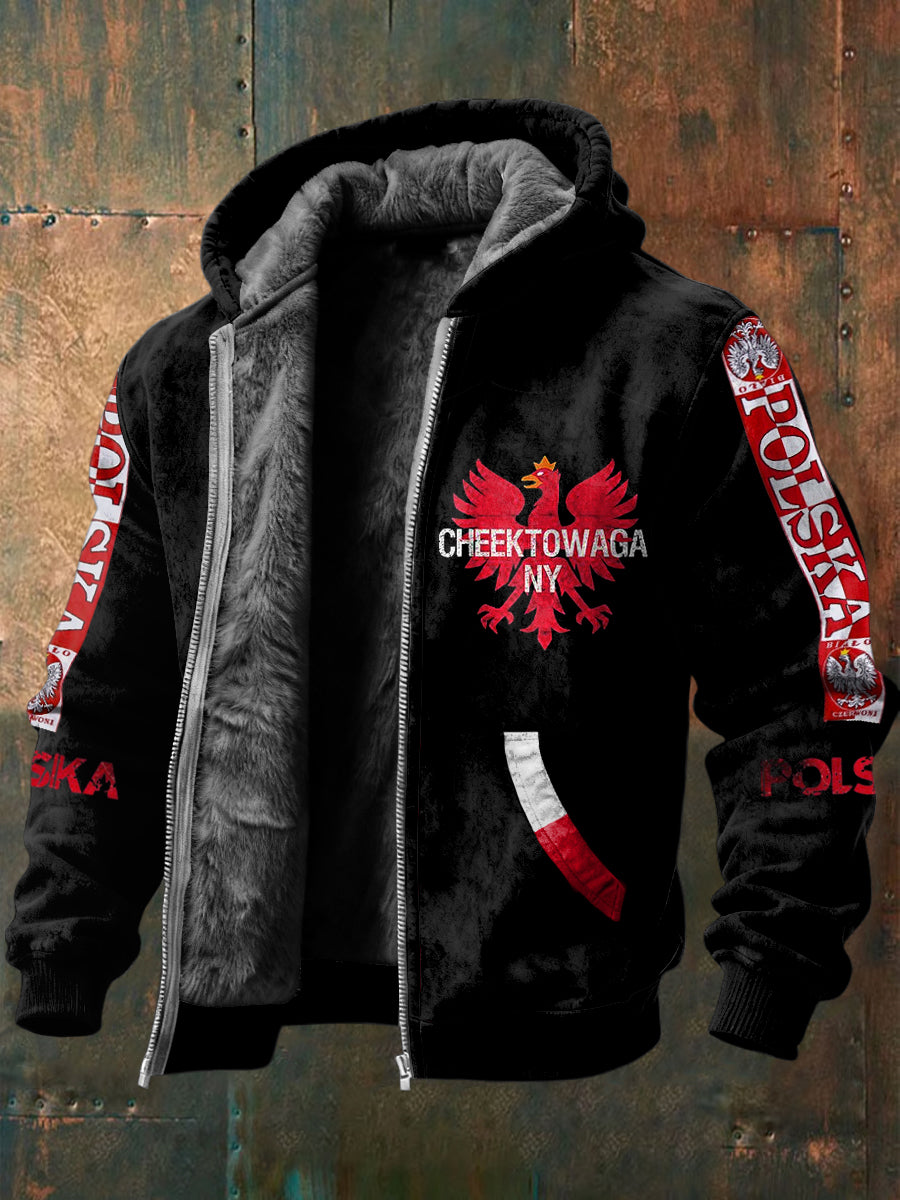 Retro polski orzeł patchworkowy polarowy płaszcz z kapturem