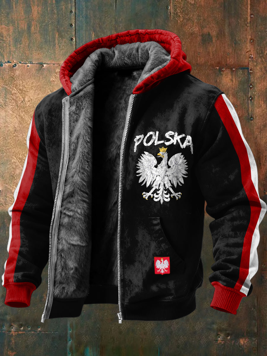 Patchworkowa kurtka z kapturem z polarową podszewką Retro polski orzeł flaga