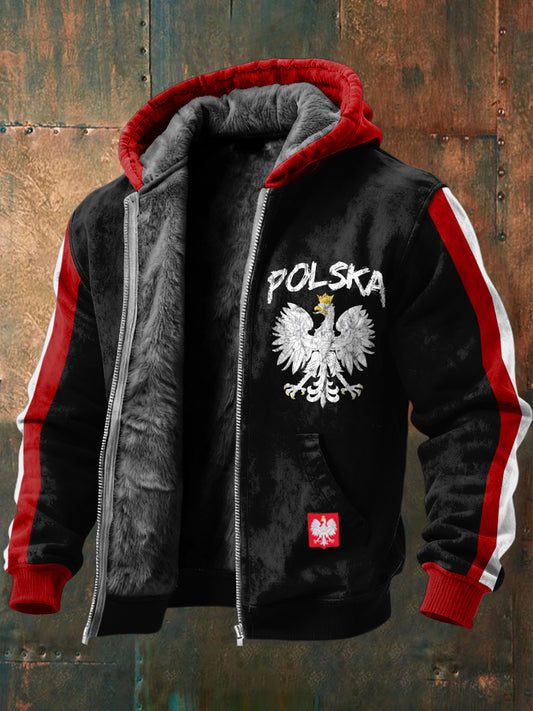 Patchworkowa kurtka z kapturem z polarową podszewką Retro polski orzeł flaga