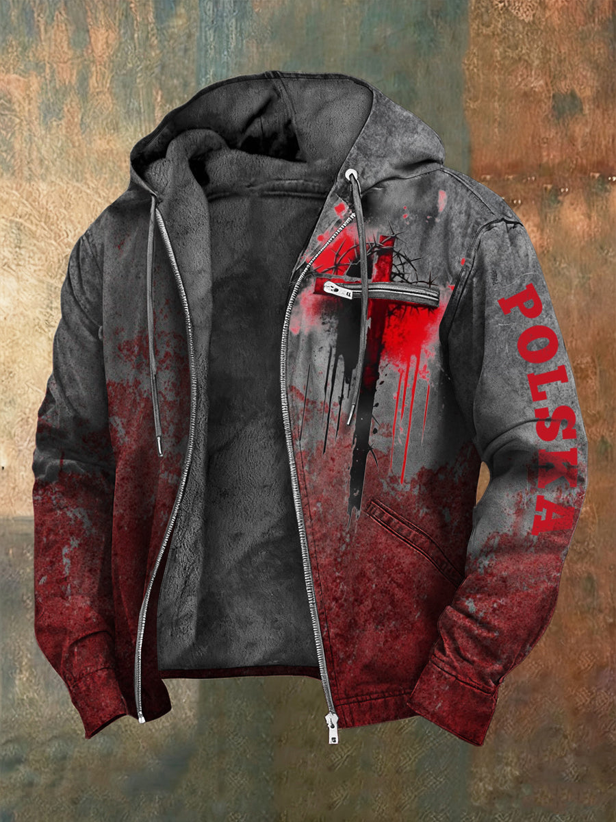 Męska ostra kurtka z kapturem "POLSKA" z czerwoną rozpryskami