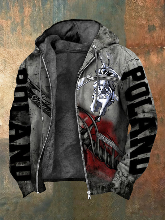 Męska uderzająca biała polska rycerz "POLSKA" z kapturem z nadrukiem