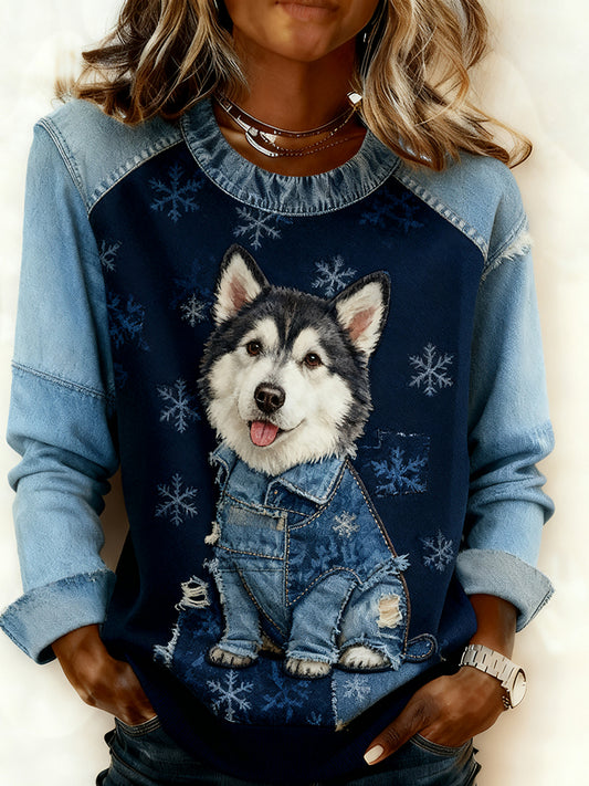 Damska wygodna bluza z patchworkiem w stylu retro z nadrukiem w stylu zwierzęcym