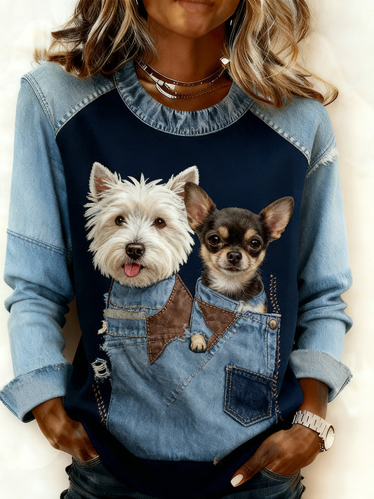 Damska wygodna bluza z patchworkiem w stylu retro z nadrukiem w stylu zwierzęcym