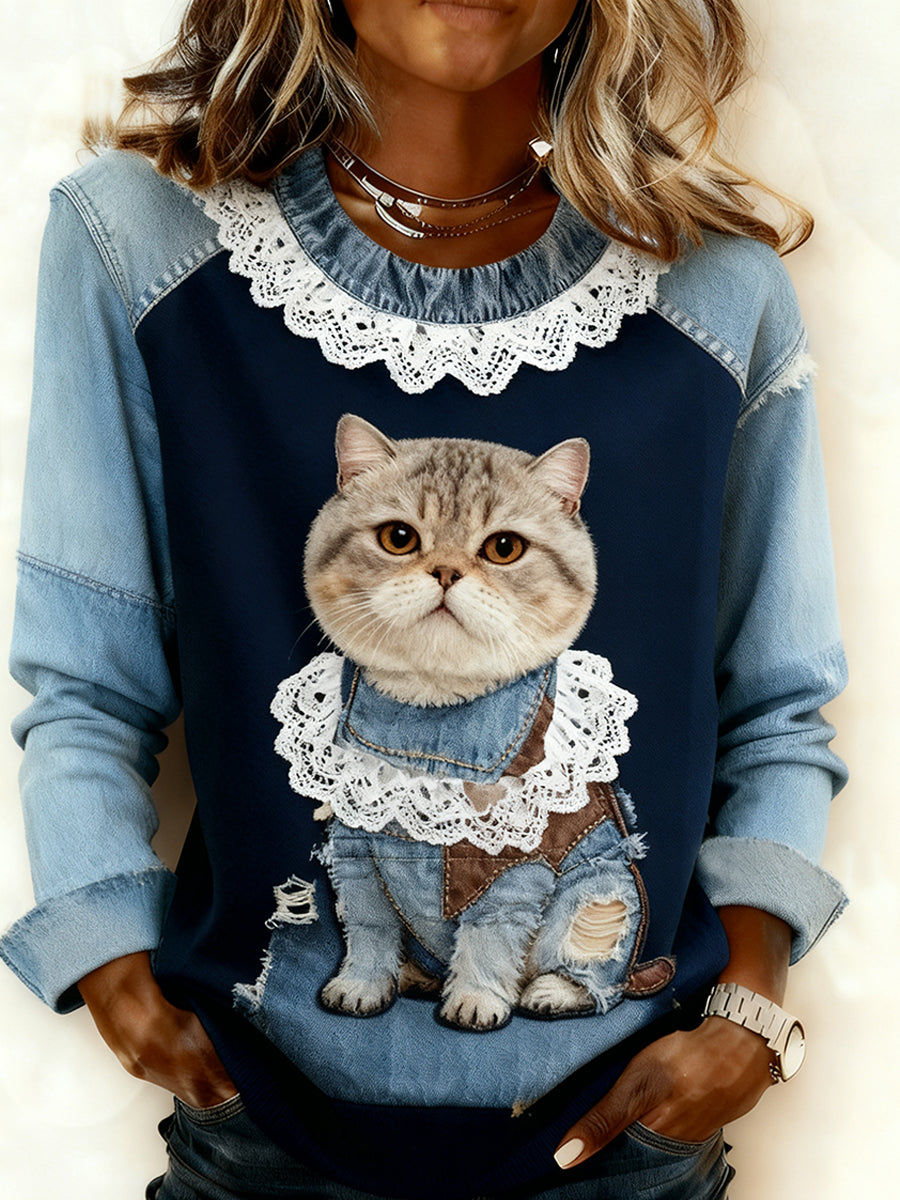 Damska wygodna bluza z patchworkiem w stylu retro z nadrukiem w stylu zwierzęcym