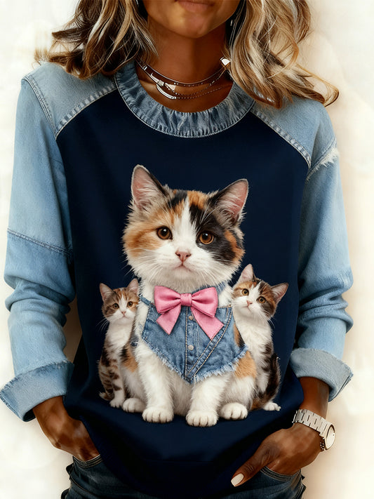 Damska wygodna bluza z patchworkiem w stylu retro z nadrukiem w stylu zwierzęcym