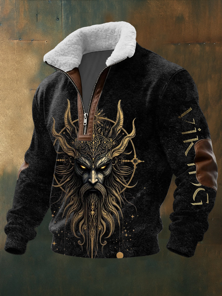 Męska majestatyczna pozłacana bluza z nadrukiem głowy wikingów Sherpa z kołnierzykiem