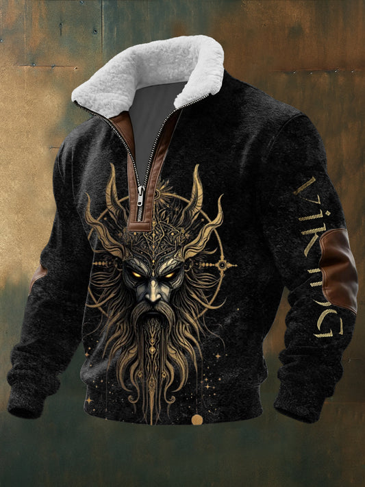 Męska majestatyczna pozłacana bluza z nadrukiem głowy wikingów Sherpa z kołnierzykiem