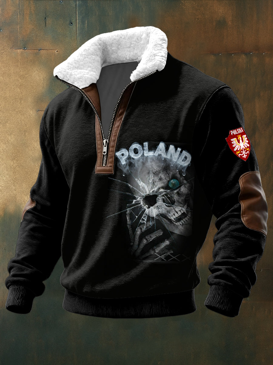 Męska czarna bluza z kołnierzykiem z nadrukiem polskiej czaszki