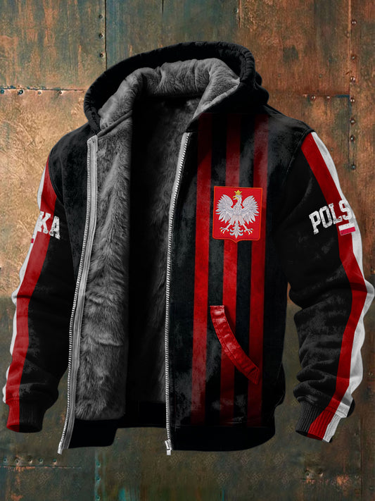 Retro gradientowa kurtka z kapturem w paski z polskim godłem z polarem