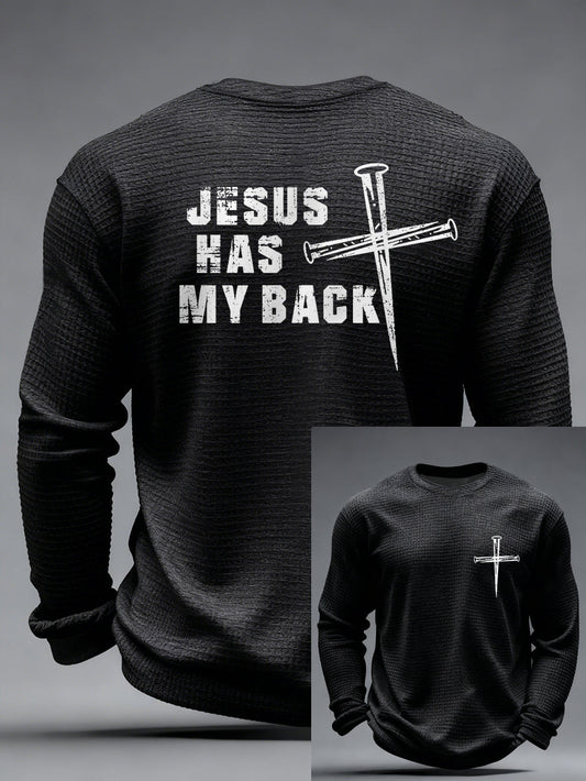 Męski Jezus ma mój krzyż Faith Print Casual Waffle z długim rękawem T-Shirt