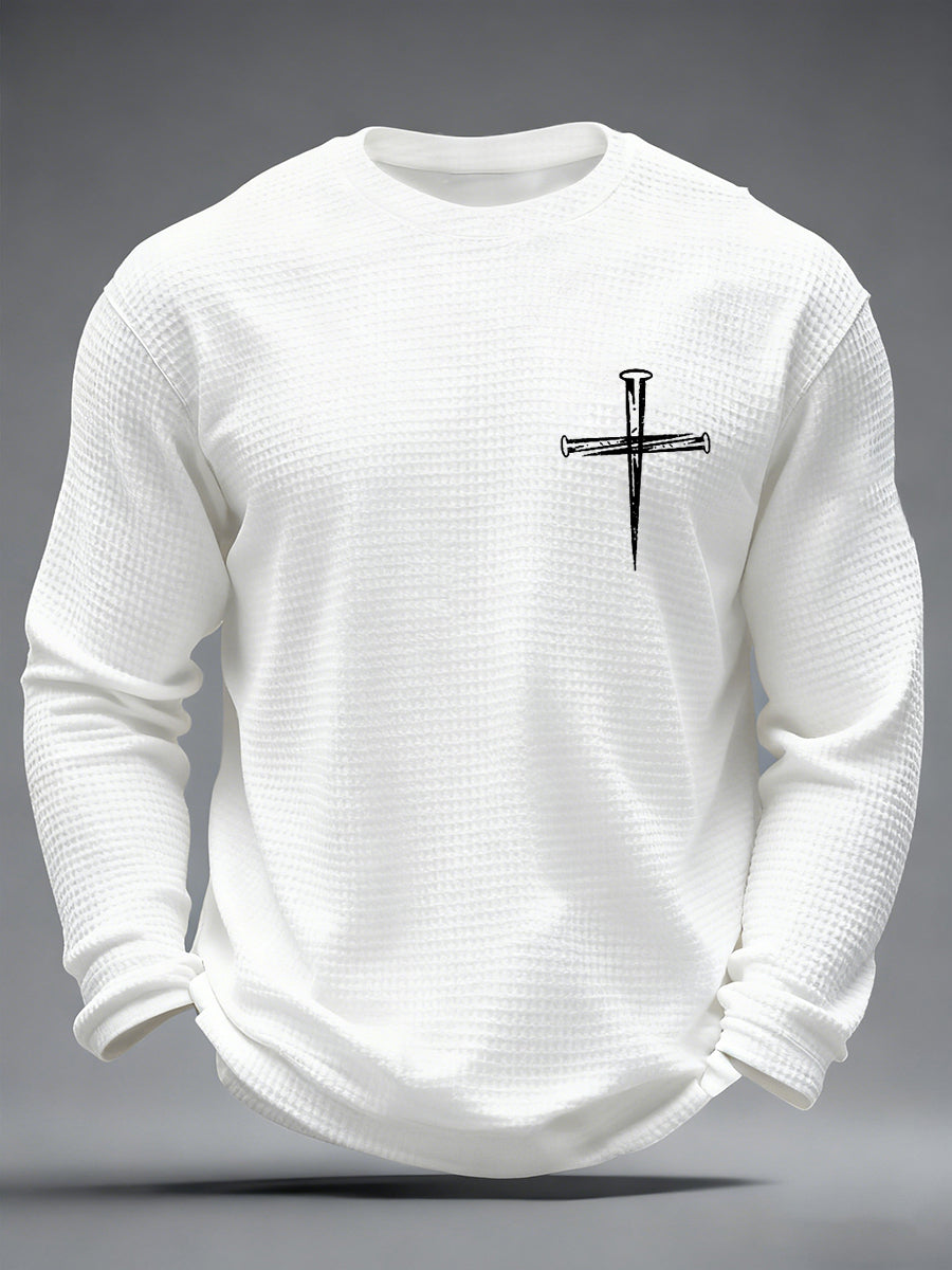 Męski Jezus ma mój krzyż Faith Print Casual Waffle z długim rękawem T-Shirt