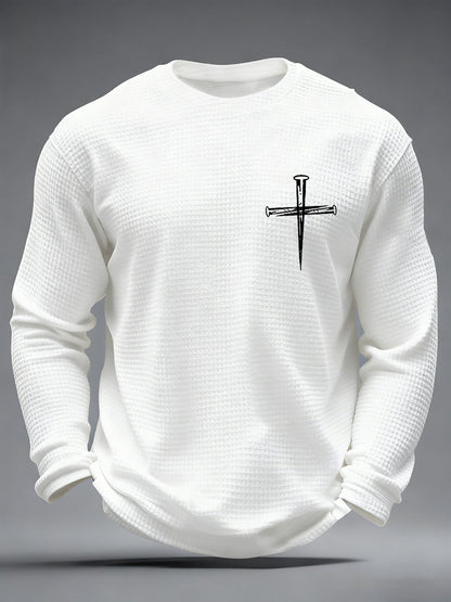 Męski Jezus ma mój krzyż Faith Print Casual Waffle z długim rękawem T-Shirt