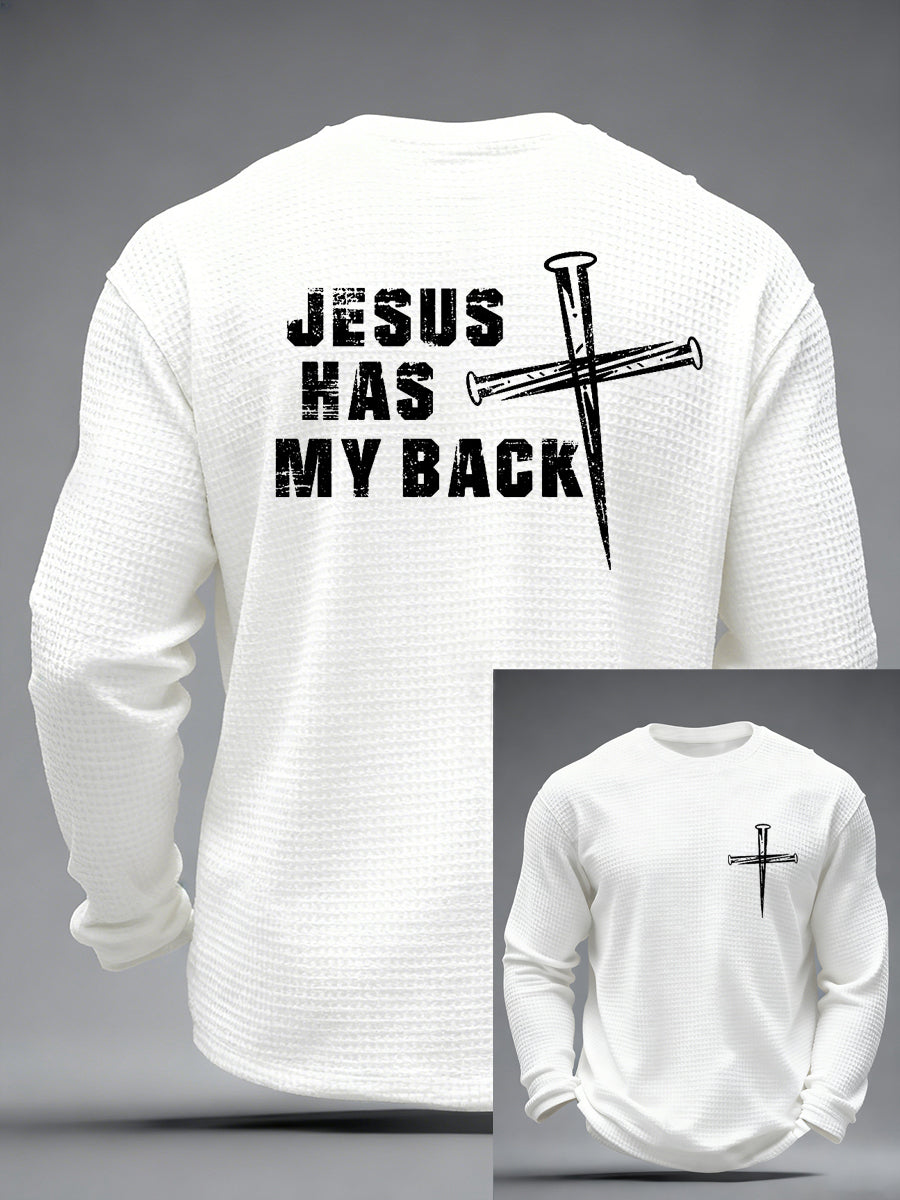 Męski Jezus ma mój krzyż Faith Print Casual Waffle z długim rękawem T-Shirt