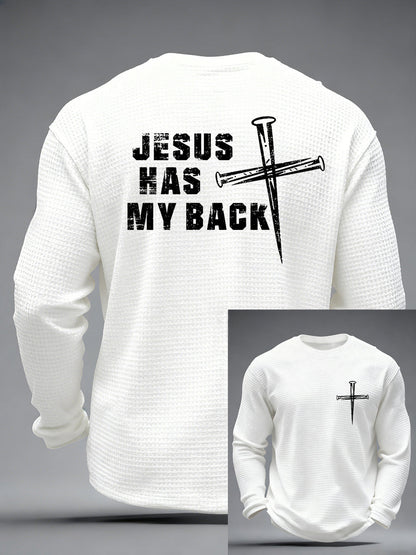 Męski Jezus ma mój krzyż Faith Print Casual Waffle z długim rękawem T-Shirt