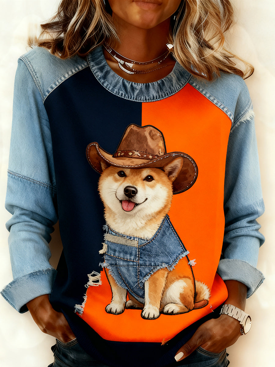 Damska wygodna bluza z patchworkiem w stylu retro z nadrukiem w stylu zwierzęcym