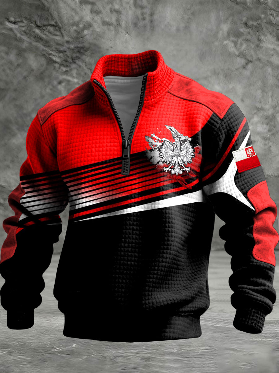 Retro Polski Orzeł Geometryczny Patchwork Zipper Pullover