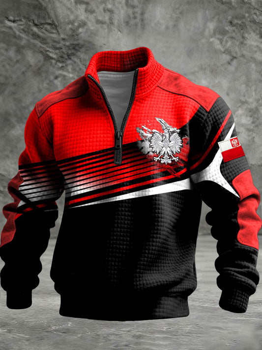 Retro Polski Orzeł Geometryczny Patchwork Zipper Pullover