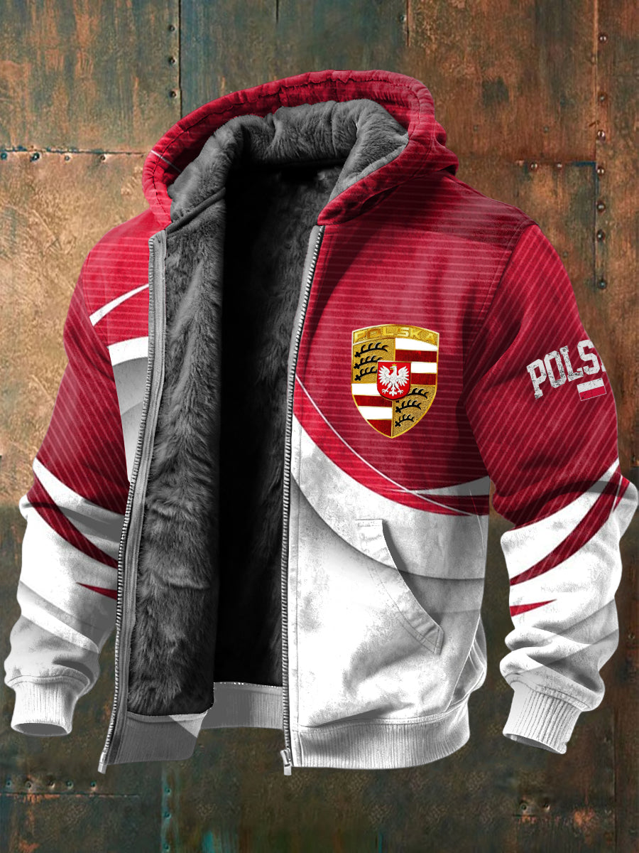 Retro geometryczna patchwork polski orzeł emblemat z kapturem z polaru