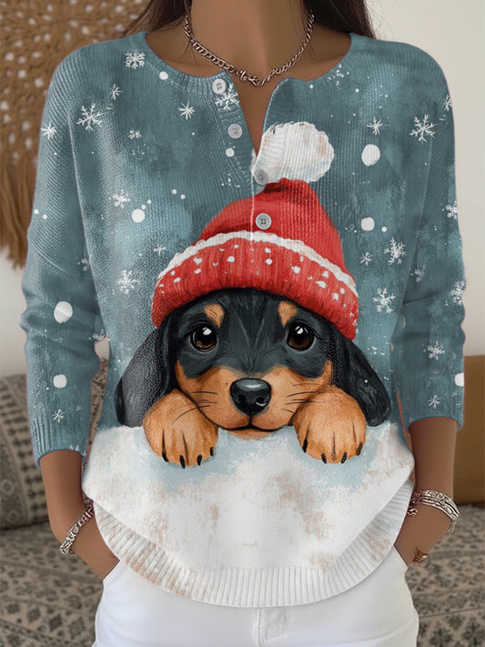 Damski uroczy mikołajkowy sweter z nadrukiem Jamnik Henley Neck