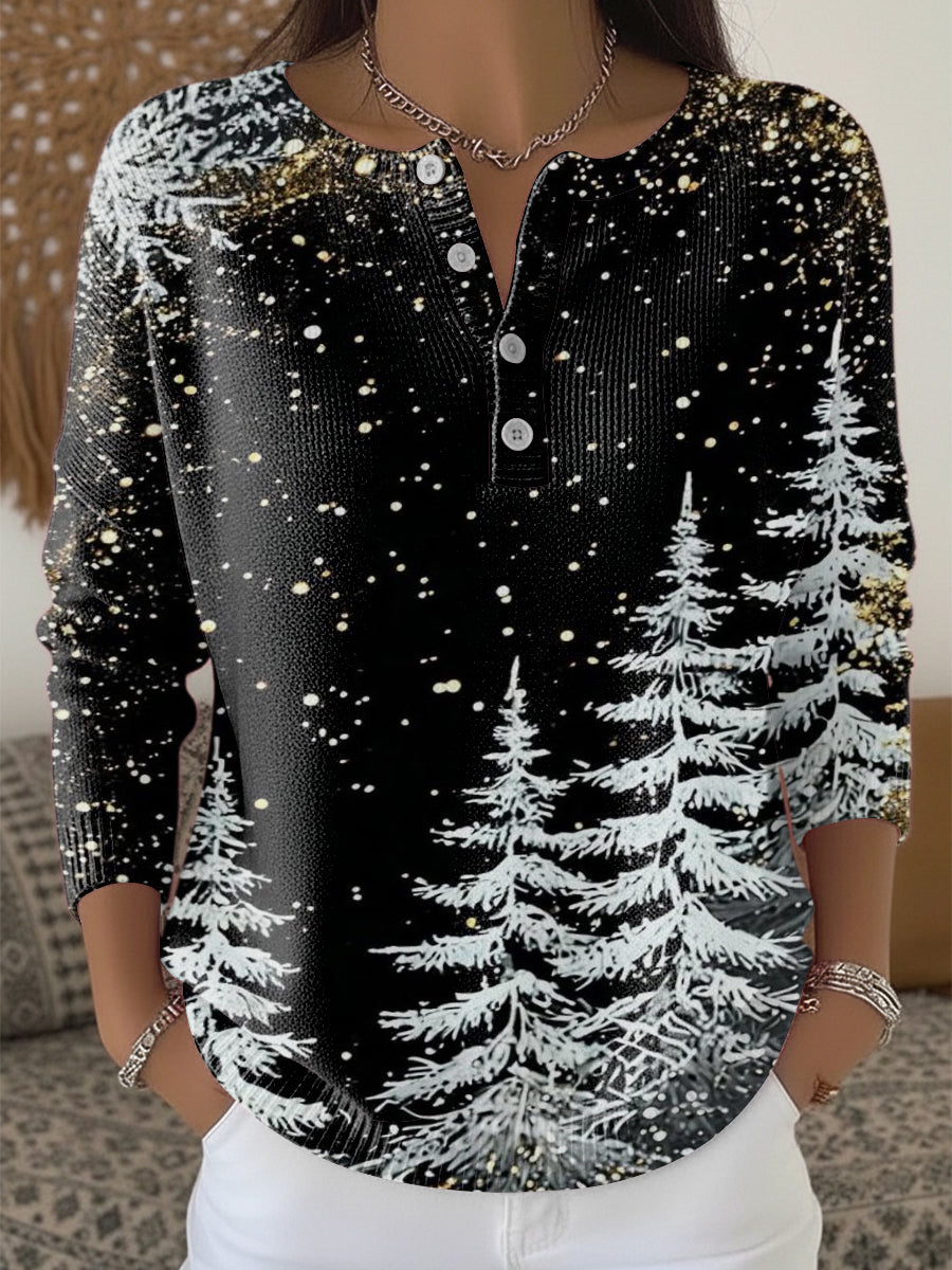 Przytulny sweter z nadrukiem Henley Neck dla kobiet w śnieżnym drzewie sosnowym