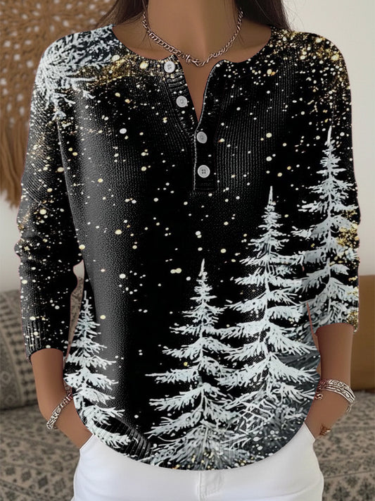 Przytulny sweter z nadrukiem Henley Neck dla kobiet w śnieżnym drzewie sosnowym