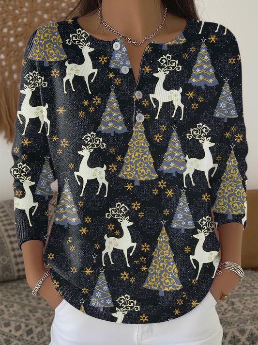 Elegancki damski sweter z nadrukiem Henley Neck z wzorami renifera i drzewa