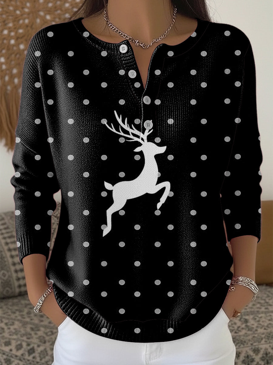 Damski szyk w kratkę z nadrukiem renifera Henley Neck