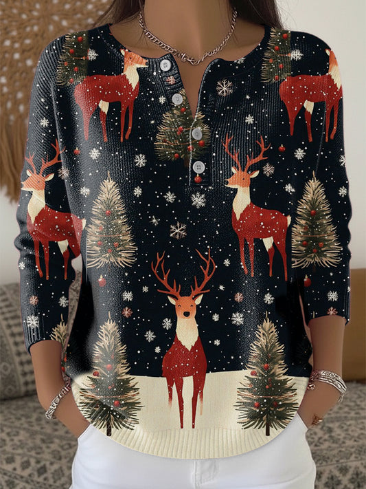 Damski ciepły renifer i choinka z nadrukiem Henley Neck Sweter