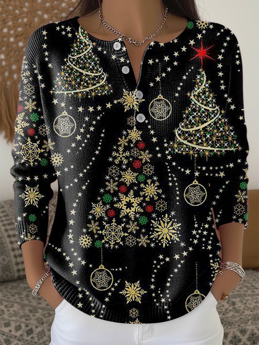 Damski świecące śnieżynka i choinkowy sweter z nadrukiem Henley Neck