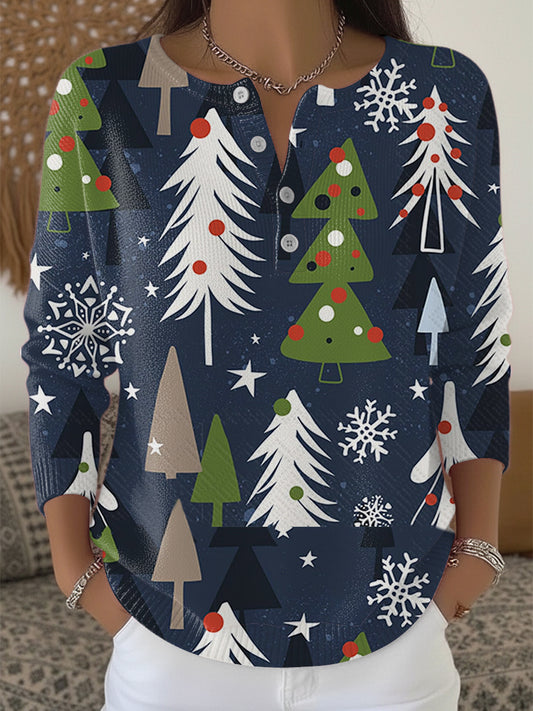 Damski zabawny sweter z nadrukiem choinki Henley Neck