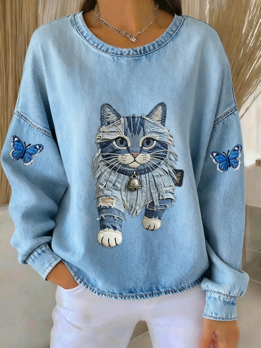 Damska retro słodka bluza z kapturem w stylu motylkowym dla kota Patchwork Art Print