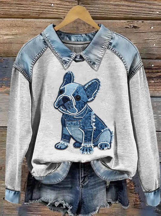 Damska bluza z długim rękawem Patchwork Lapel z nadrukiem zwierząt