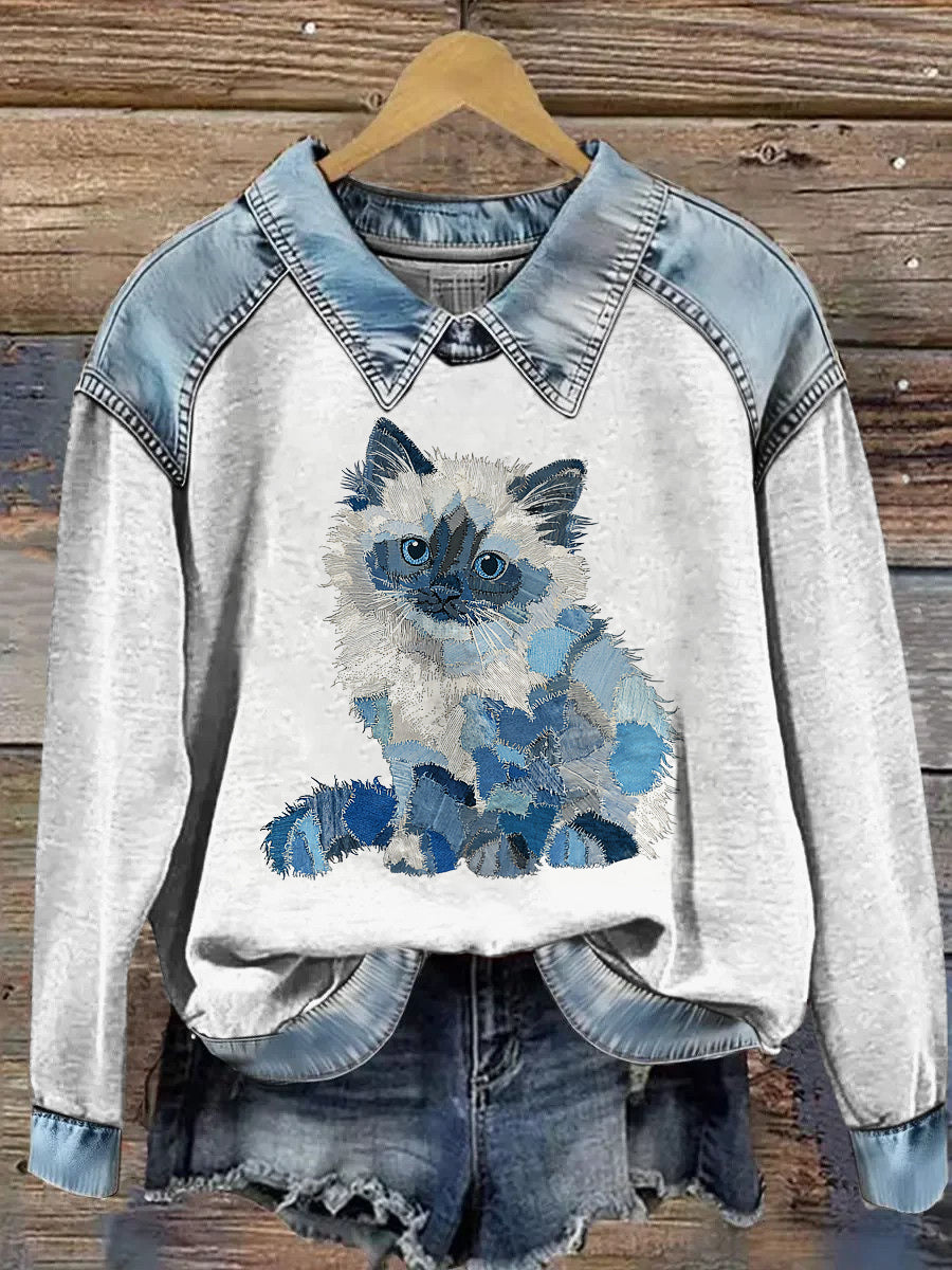 Damska bluza z długim rękawem Patchwork Lapel z nadrukiem zwierząt