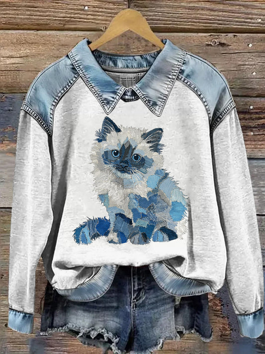 Damska bluza z długim rękawem Patchwork Lapel z nadrukiem zwierząt