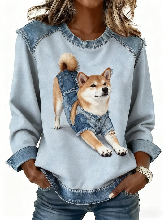 Denim z nadrukiem z długim rękawem w stylu retro