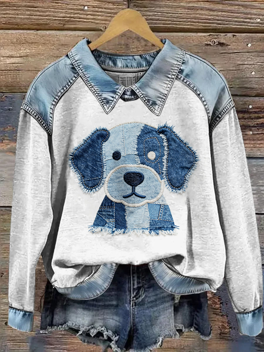 Damska bluza z długim rękawem Patchwork Lapel z nadrukiem zwierząt