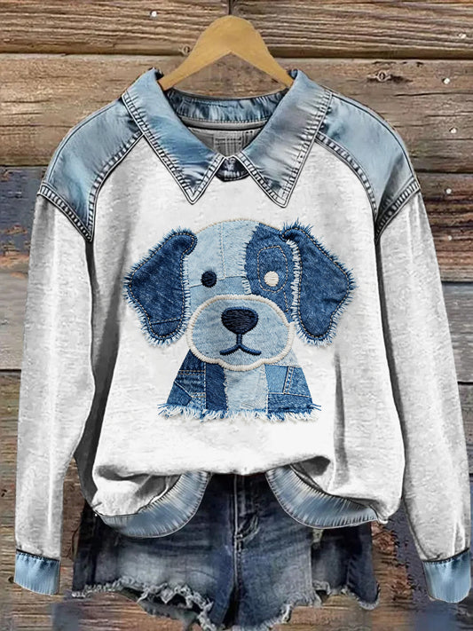 Damska bluza z długim rękawem Patchwork Lapel z nadrukiem zwierząt