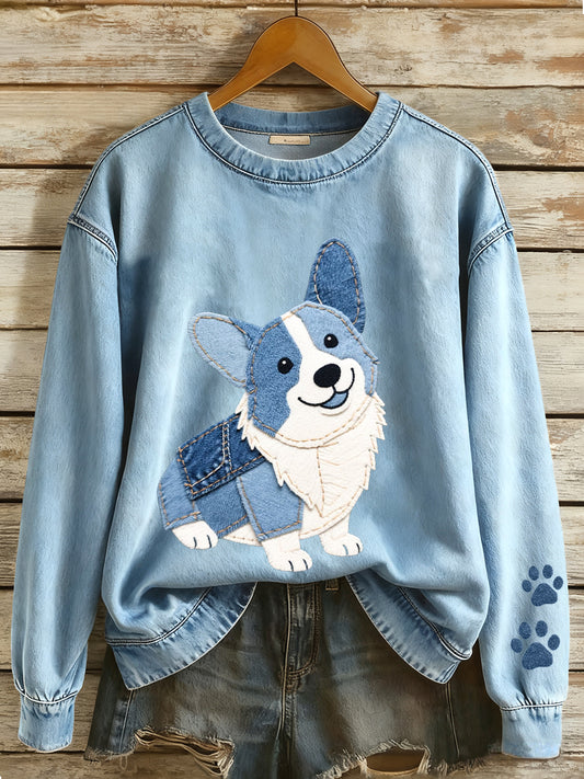 Damska bluza z denimem Patchwork Art Corgi